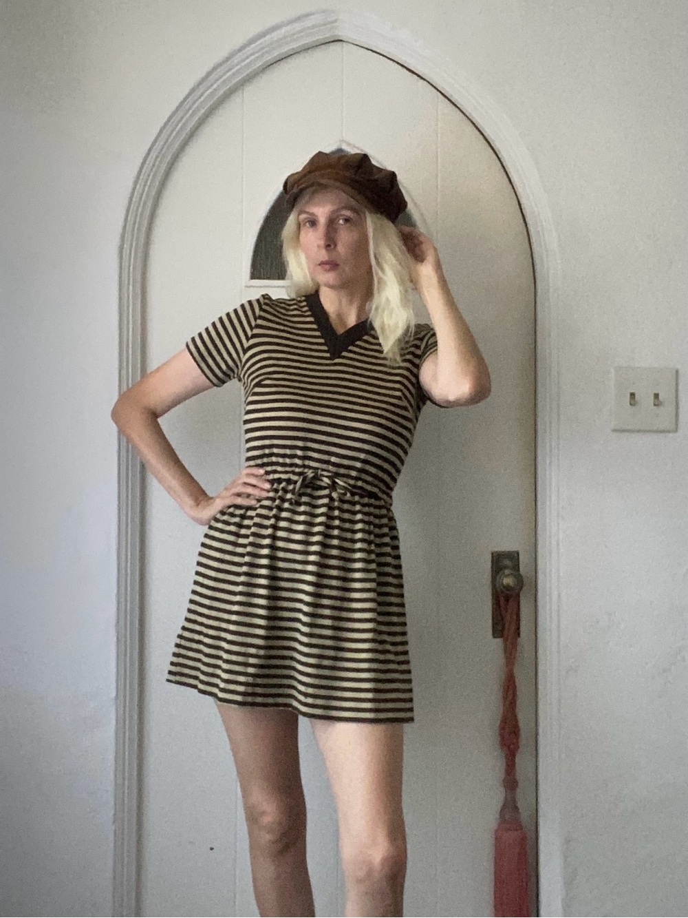 Vintage Brown Stripe Rayon Poly Elastic Tie Waist V Neck Mini Scooter Dress Sm